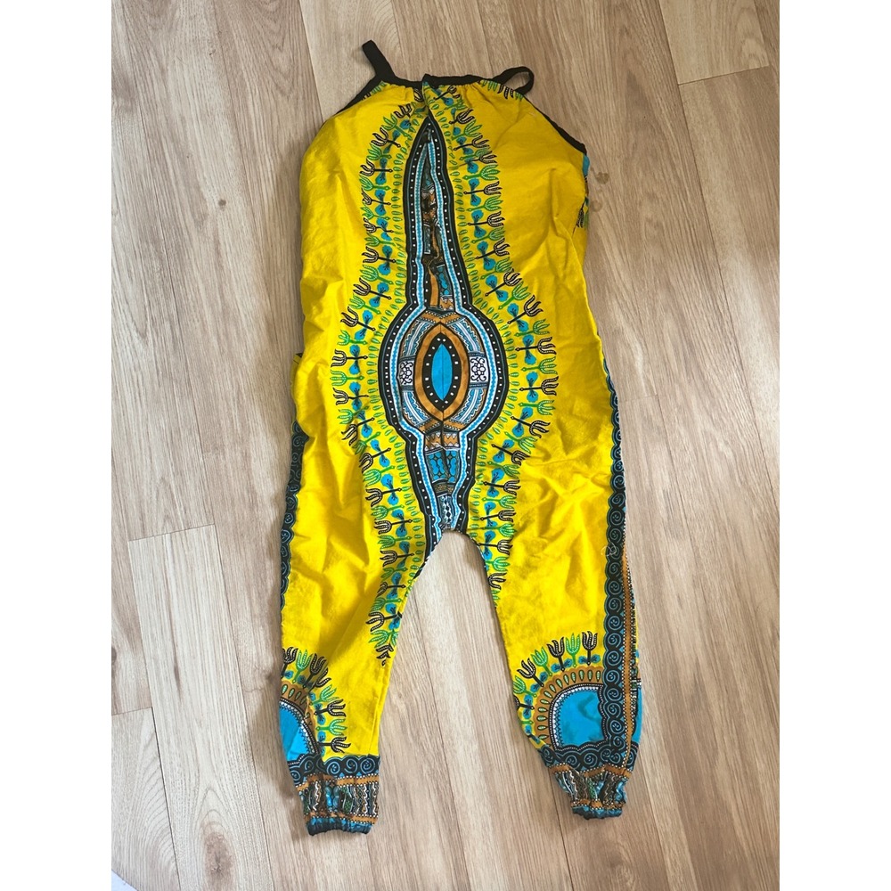 Da'Iki Kids Jumpsuit Yellow Dashiki African Print Spaghetti Strap Boho Cute - Picture 2 of 5